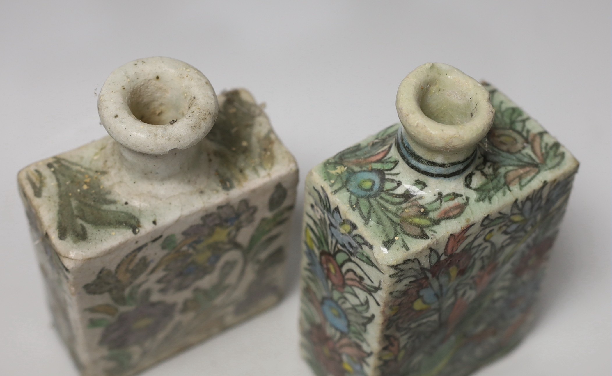 Two 19th century Persian fritware flasks, tallest 16.5cm